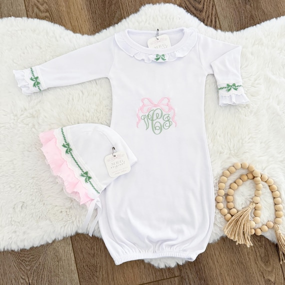 Pink & Green Newborn Baby Girl Ruffle Sleeve Gown and Bonnet Shower Gift Set, Personalized with Embroidered Name or Initials
