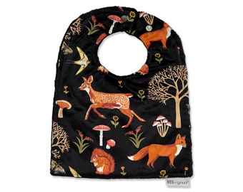 Baby-to-Toddler Adjustable Snap Bib { Forest Friends } Grows with Baby into a Toddler - Soft & Durable - Forest Animals on Black - Unisex