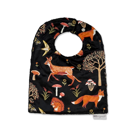 Baby-to-Toddler Adjustable Snap Bib { Forest Friends } Grows with Baby into a Toddler - Soft & Durable - Forest Animals on Black - Unisex