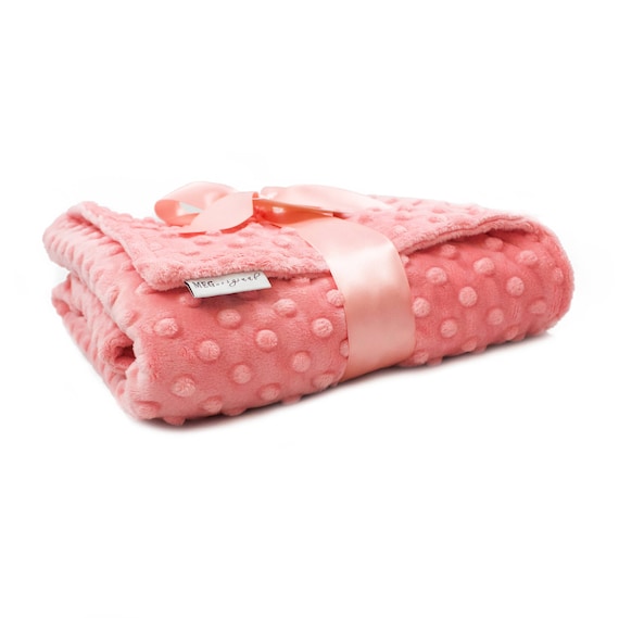 Baby Girl Blanket { CORAL } Soft Minky Dot Blanket w/ Option to add Name / Initials- Choose Size -Crib, Stroller, Security- Baby Shower Gift