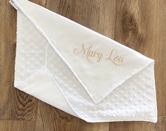 Satin + Minky Baby Security Blanket / Lovey with Loop { White Satin } Your Choice of Minky Color, Boy/Girl Christening/Baptism/Dedication