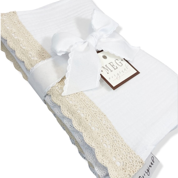 Baby Burp Cloth Set of 4 { Heirloom Collection } White with Natural Trim + Option to Personalize with Name or Initials Monogram - Unisex