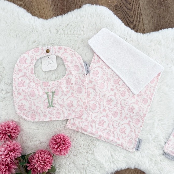 Pink Paisley Baby Shower Gift Set: Blanket, Burp Cloth & Bib + Option to Embroider Name or Initials Monogram