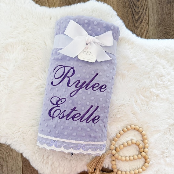 Lavender Baby Girl Minky Dot Blanket with Delicate White & Lavender Bow Lace Trim + Option to Personalize with Name