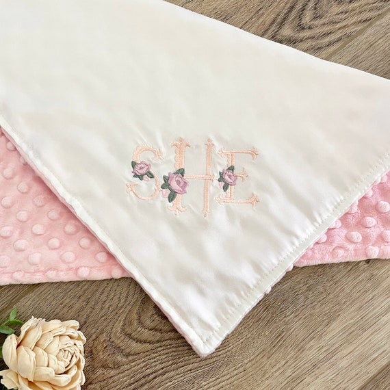 Floral Scallop Monogram Satin + Minky Baby Girl Security Blanket / Lovey with Loop { Ivory Satin } Choice of Minky Dot Color Shower Gift