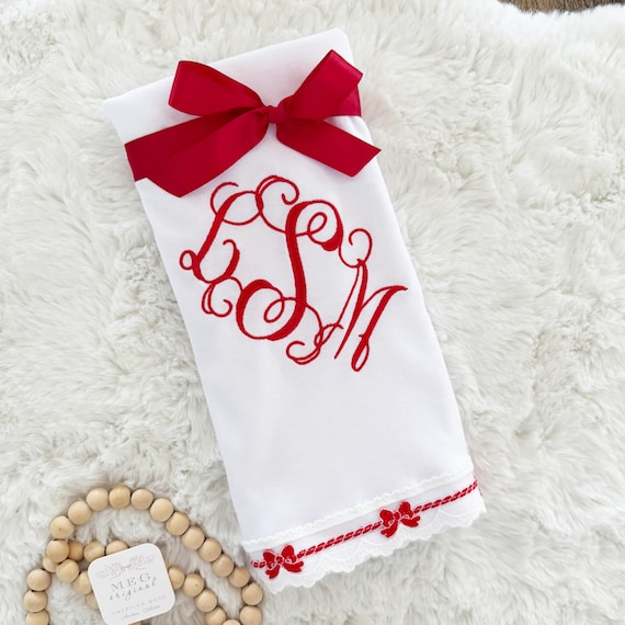 Heirloom Baby Blanket, Knit Swaddle Blanket with Delicate Red Bows + Personalization