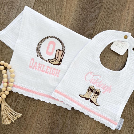 Baby Girl Bib and Burp Cloth Set: Embroidered Cowgirl Boots, Lasso, 100% Cotton