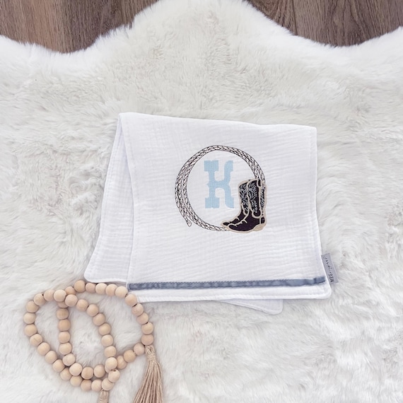 Embroidered Baby Boy Burp Cloths { Cowboy Theme with Cute Boots + Lasso } Soft and Absorbent 100% Cotton with Custom Embroidery + Initial
