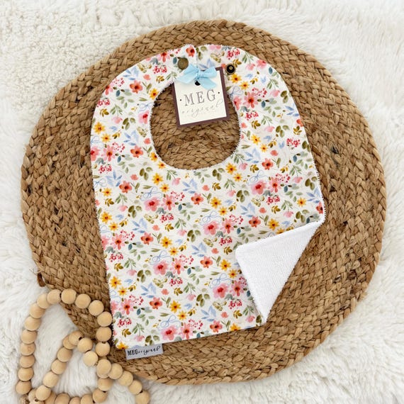 Floral Bows Adjustable Snap Bib for Babies & Toddlers – 100% Cotton, Absorbent Terry Cloth Backing