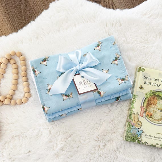 Peter Rabbit Baby Boy Burp Cloth Set of 3– Soft Cotton and Minky, Embroidered Name Option