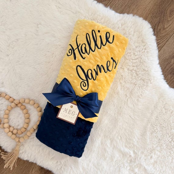 Personalized Minky Dot Baby Boy Blanket { Navy Blue + Gold } Soft Blanket with Name / Initials - Choose Size - Baby Shower Gift