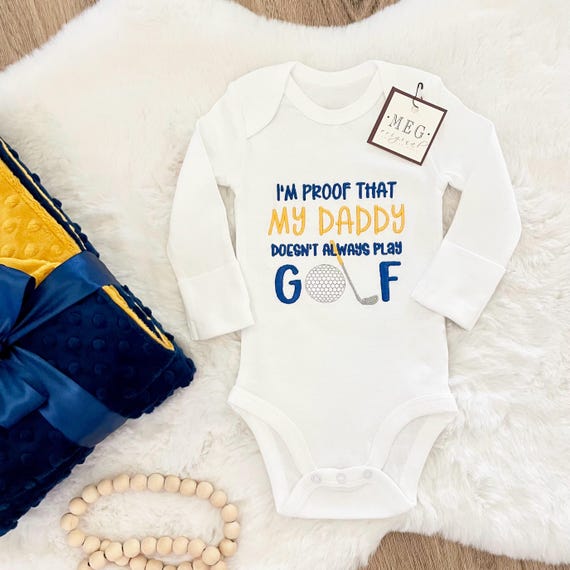 Funny Baby Boy Bodysuit { I'm Proof Daddy Doesn't Always Play Golf } Embroidered New Dad Shower Gift, Newborn 0-3 months - Organic Cotton