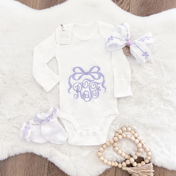 Beautiful Custom Newborn Baby Girl Bodysuit { Lavender Bow + Monogram } Personalized Initials or Name, Popular Shower/Gender Reveal Gift