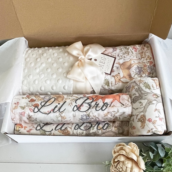 Woodland Meadows Baby Gift Set – Blanket, Burp Cloths, Bib, Lovey (Personalized)