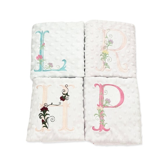 Floral Embellished Initial Minky Dot Baby Security Blanket / Lovey with Loop in Your Choice of Minky Colors, Personalized Alphabet Baby Gift