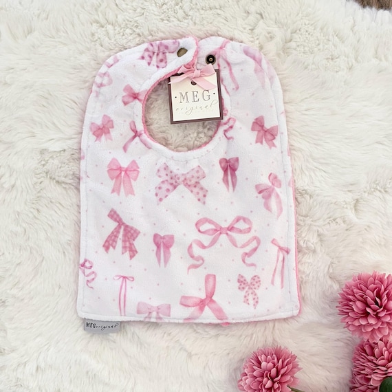 Pink Bows Baby Girl Minky Bib – Adjustable Snaps, Soft & Durable