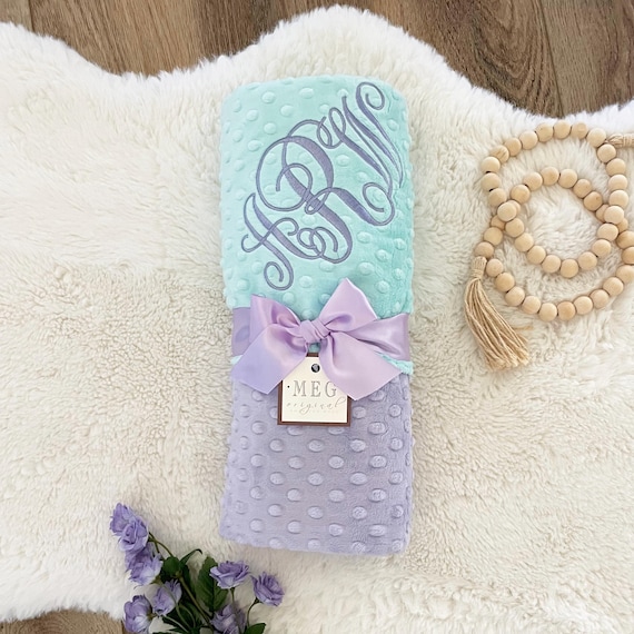 Lavender & Aqua Minky Dot Baby Girl Blanket + Option to Personalize with Name or Initial Monogram - Beautiful Baby Shower Gift