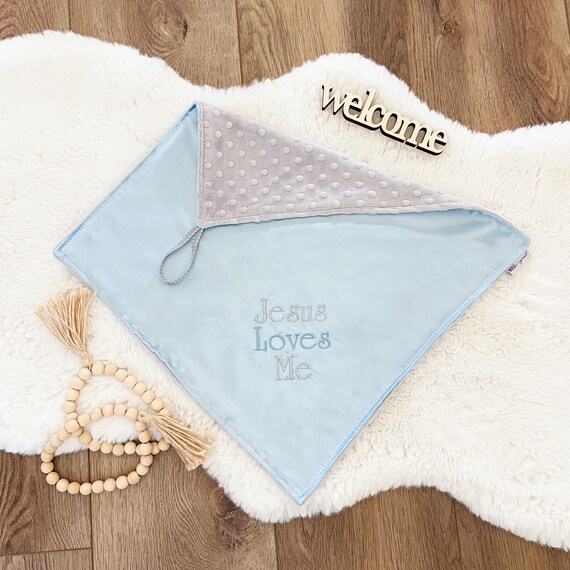 Jesus Loves Me Baby Boy Security Blanket / Lovey in Your Choice of Satin and Minky Dot Color, Baptism / Christening / Dedication / New Baby