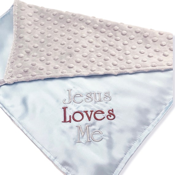 Jesus Loves Me Baby Boy Security Blanket / Lovey in Your Choice of Satin and Minky Dot Color, Baptism / Christening / Dedication / New Baby