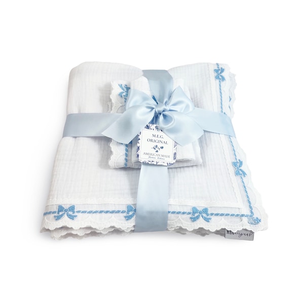 Baby Shower Gift Set { Heirloom Collection } Blanket, Burp Cloth + Bib, White with Blue Bow Lace Trim for Boys or Girls