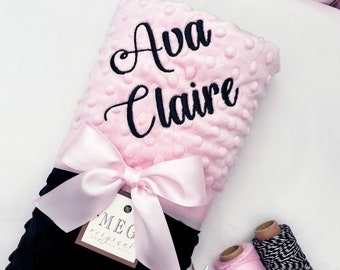 Pink & Black Minky Dot Baby Girl Blanket { Shower Gift } Option to Personalize with Name or Initials - Crib, Stroller, Child, or Lovey Size