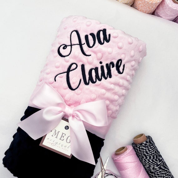 Pink & Black Minky Dot Baby Girl Blanket { Shower Gift } Option to Personalize with Name or Initials - Crib, Stroller, Child, or Lovey Size