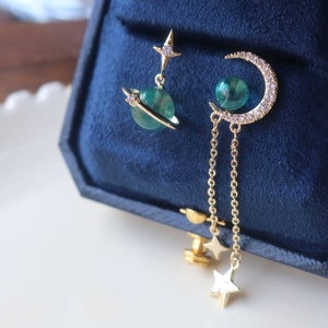 Solar System Earrings Blue Planet Earrings Handmade Celestial Jewelry Moon and Star Earrings Unique Original Design Perfect for Space Lovers