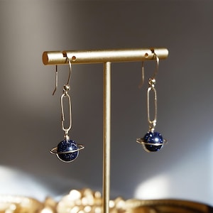 Universe Earrings, Blue Planet Earrings, Night Sky Earrings, Blue Sandstone, Golden Accents, Celestial Jewelry, Asymmetrical Design, Cosmic Beauty, Perfect for Stargazers, Unique Style, Mystical Look, Artistic Earrings, Dazzling Design, Starry Night