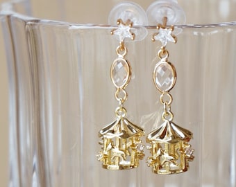 18K Gold Earrings Carousel Earrings Zircon Star Drops Vintage Style Animal Earrings Merry Go Round Earrings Horse Earrings Whimsical Jewelry