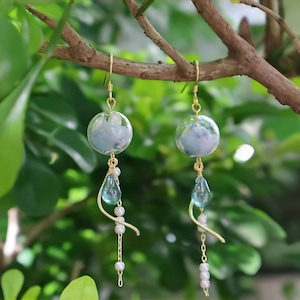 Japanese Wind Chime Earrings Real Flower Earrings Glass Beads Tassel Earrings Gold Earrings Elegant Japanese Style Earrings