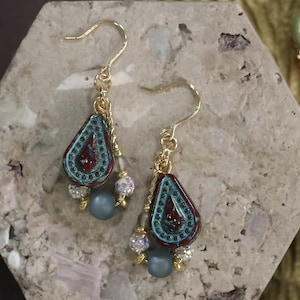 Teardrop Glass Earrings Beaded Earrings Gold Accents and Czech Beads Jewelry Vintage Gift for Her Boho Earrings Retro Style Two Color Option