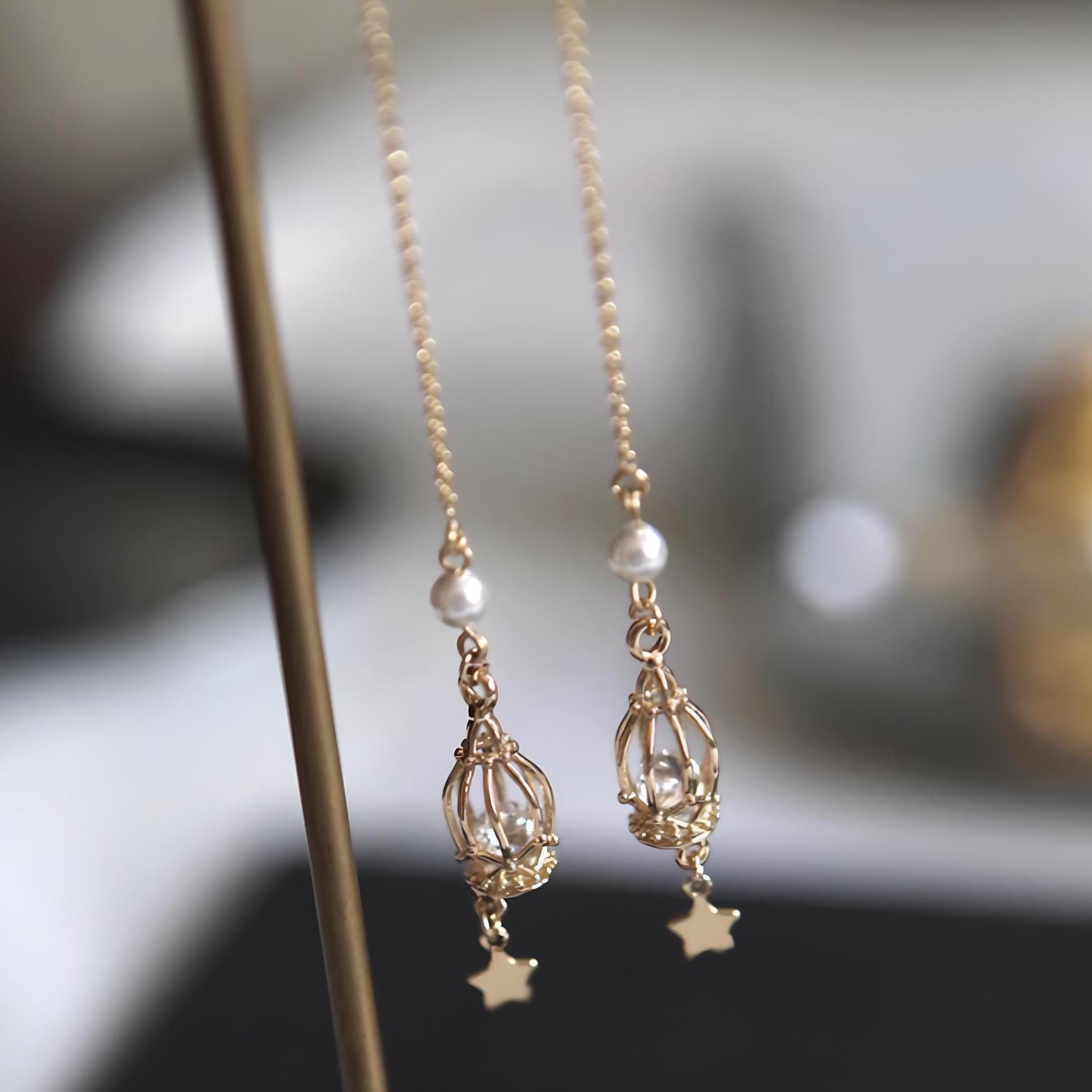 Birdcage Threader Earrings, 14K Gold-Filled Long Chain Dangles,…