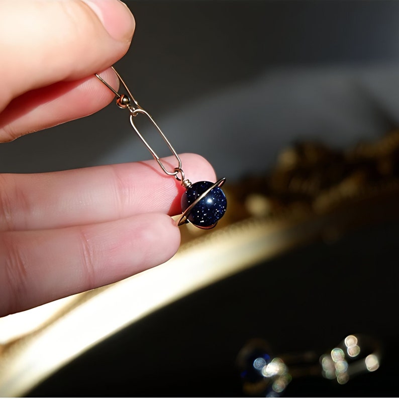 Universe Earrings, Blue Planet Earrings, Night Sky Earrings, Blue Sandstone, Golden Accents, Celestial Jewelry, Asymmetrical Design, Cosmic Beauty, Perfect for Stargazers, Unique Style, Mystical Look, Artistic Earrings, Dazzling Design, Starry Night