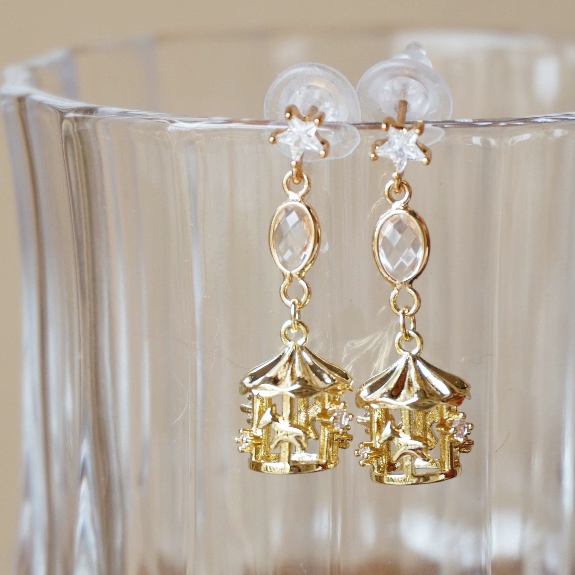 18K Gold Earrings Carousel Earrings Zircon Star Drops Vintage Style Animal Earrings Merry Go Round Earrings Horse Earrings Whimsical Jewelry