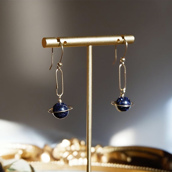 Blue Sandstone Planet Earrings, Starry Night Sky Dangle, Celestial Jewelry for Stargazer, Unique Astronomy Christmas Stuffer for Her