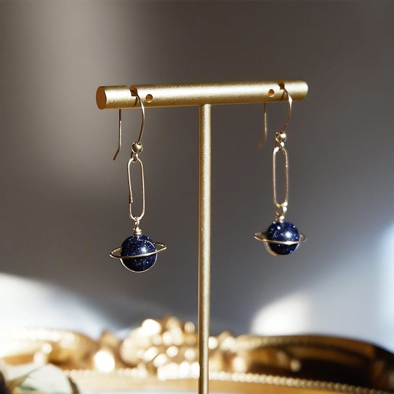 Universe Earrings, Blue Planet Earrings, Night Sky Earrings, Blue Sandstone, Golden Accents, Celestial Jewelry, Asymmetrical Design, Cosmic Beauty, Perfect for Stargazers, Unique Style, Mystical Look, Artistic Earrings, Dazzling Design, Starry Night