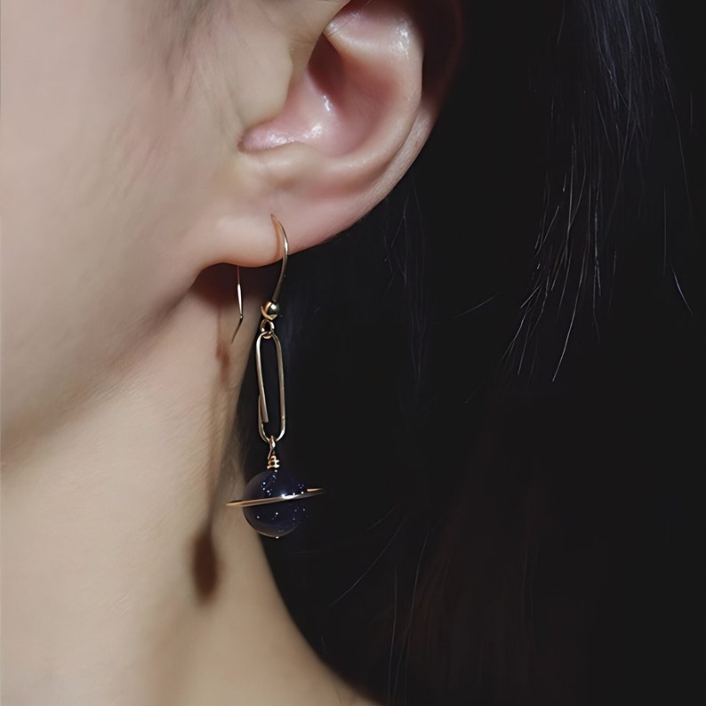 Universe Earrings, Blue Planet Earrings, Night Sky Earrings, Blue Sandstone, Golden Accents, Celestial Jewelry, Asymmetrical Design, Cosmic Beauty, Perfect for Stargazers, Unique Style, Mystical Look, Artistic Earrings, Dazzling Design, Starry Night