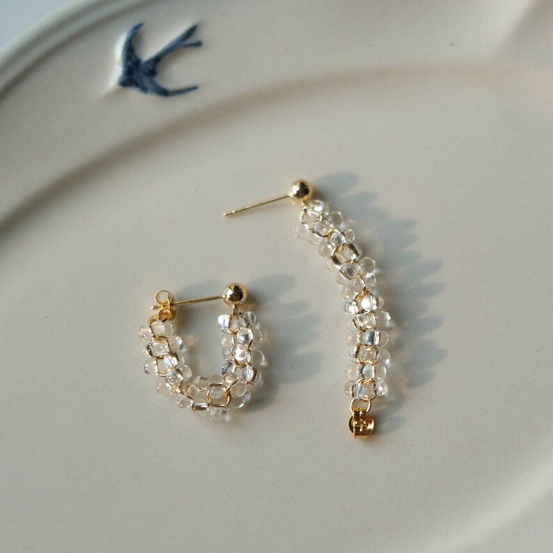 Clear Glass Beads Earrings, Gold Hoop Earrings, Fresh Style Jewelry, Chic and Elegant, Versatile Design, Perfect for Any Occasion, Casual Elegance, Formal Events, Timeless Earrings, Sophisticated Accessories, Fashion Jewelry, Elegant Beads
