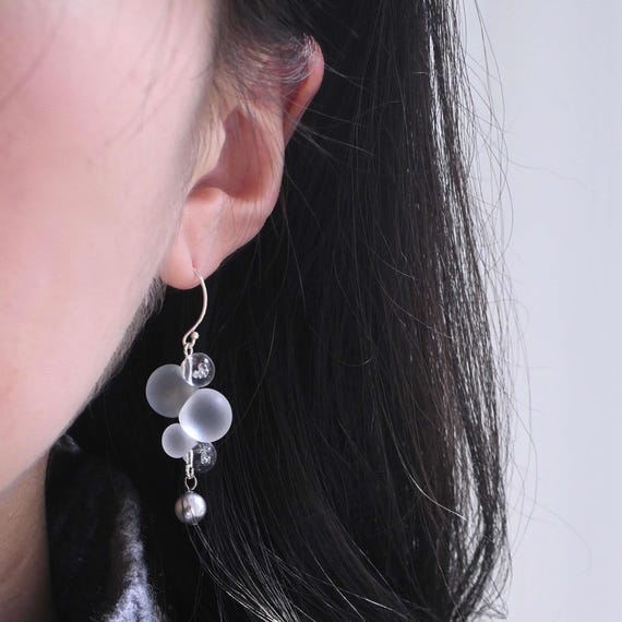 Silver Bubble Earrings, Cloud Dewdrop Dangle, Ethereal Glass Bead Jewelry, Minimalist Clean Girl Gift, Dreamy Aesthetic