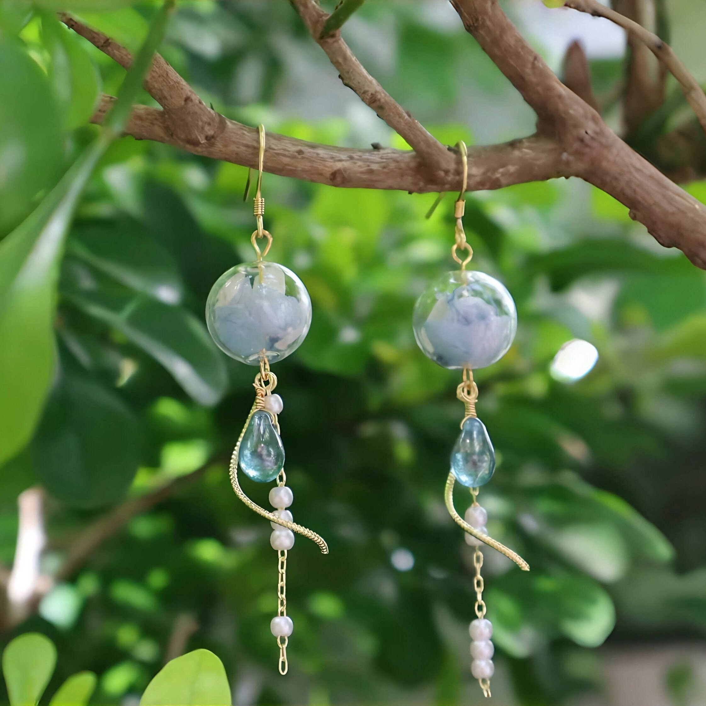 Japanese Wind Chime Earrings Real Flower Earrings Glass Beads Tassel Earrings Gold Earrings Elegant Japanese Style Earrings