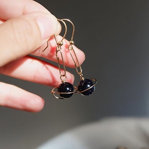 Universe Earrings, Blue Planet Earrings, Night Sky Earrings, Blue Sandstone, Golden Accents, Celestial Jewelry, Asymmetrical Design, Cosmic Beauty, Perfect for Stargazers, Unique Style, Mystical Look, Artistic Earrings, Dazzling Design, Starry Night