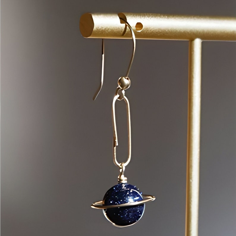 Universe Earrings, Blue Planet Earrings, Night Sky Earrings, Blue Sandstone, Golden Accents, Celestial Jewelry, Asymmetrical Design, Cosmic Beauty, Perfect for Stargazers, Unique Style, Mystical Look, Artistic Earrings, Dazzling Design, Starry Night