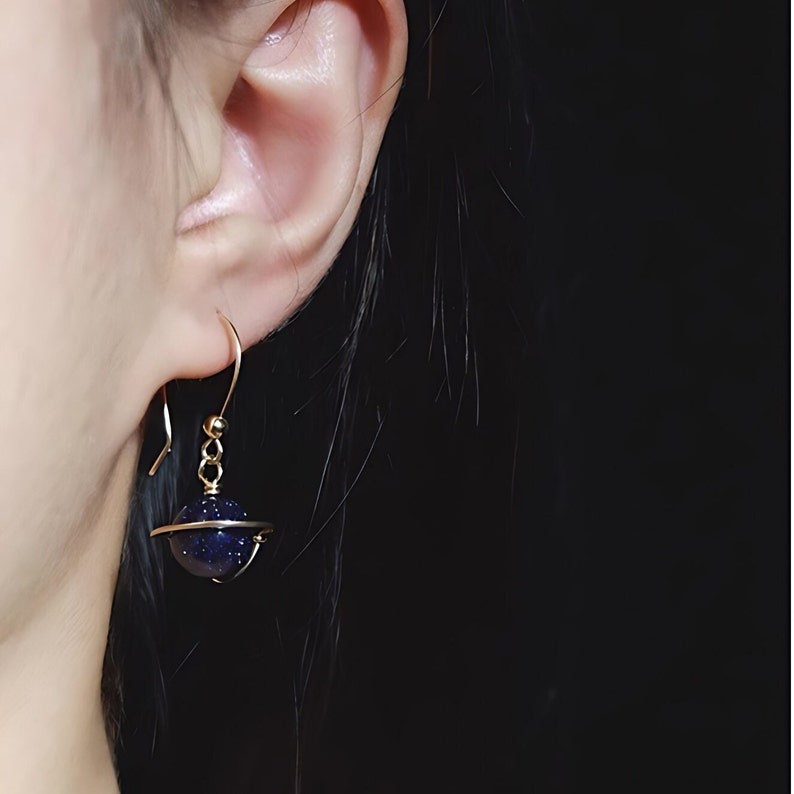 Universe Earrings, Blue Planet Earrings, Night Sky Earrings, Blue Sandstone, Golden Accents, Celestial Jewelry, Asymmetrical Design, Cosmic Beauty, Perfect for Stargazers, Unique Style, Mystical Look, Artistic Earrings, Dazzling Design, Starry Night