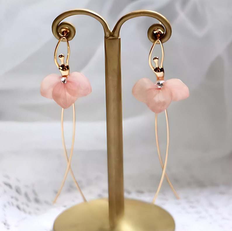 Ballet Girl Earrings, Real Flower Earrings, Resin Earrings, Gold Accents, Elegant Design, Dance Lover Jewelry, Graceful Accessories, Charming Earrings, Sophisticated Style, Unique Jewelry, Handcrafted Beauty, Luxurious Look, Perfect Gift