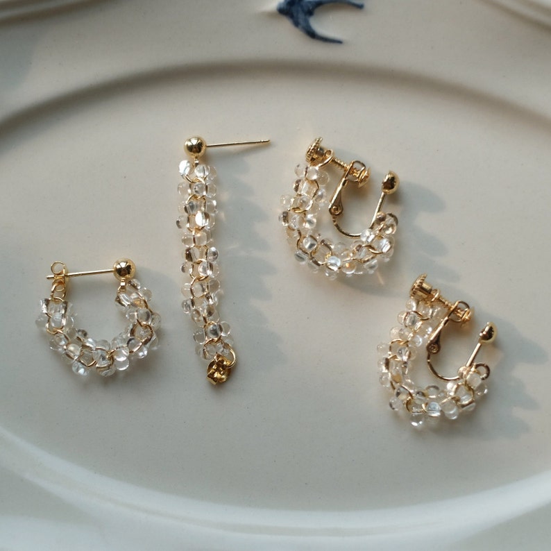 Clear Glass Beads Earrings, Gold Hoop Earrings, Fresh Style Jewelry, Chic and Elegant, Versatile Design, Perfect for Any Occasion, Casual Elegance, Formal Events, Timeless Earrings, Sophisticated Accessories, Fashion Jewelry, Elegant Beads