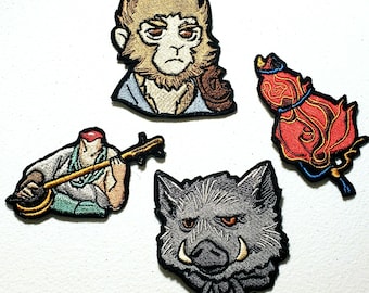 May include: Four embroidered patches featuring characters from a story. The patches include a monkey-like figure, a red gourd, a musician playing a stringed instrument, and a boar with tusks. Each patch has a black border.