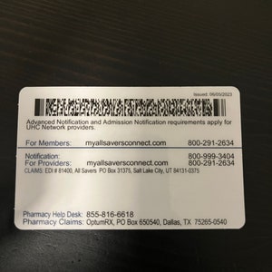 May include: White card with black text and a barcode. The text includes contact information for All Savers, including phone numbers, website addresses, and mailing addresses for members and providers.