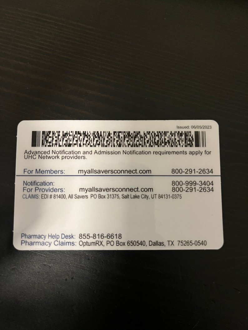 May include: A white card with black text and a barcode. The text includes contact information for All Savers, including phone numbers, website addresses, and mailing addresses for members and providers.