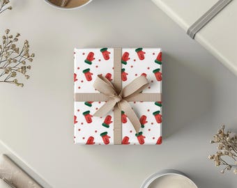 Papel de regalo con diseño de manoplas rojas / Rollo de papel de regalo navideño, papel de regalo festivo, papel de regalo moderno