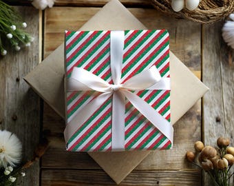 Papel de regalo clásico con forma de bastón de caramelo / Papel de regalo navideño rojo y verde / Rollo de papel de regalo navideño / Hojas de papel de regalo navideñas